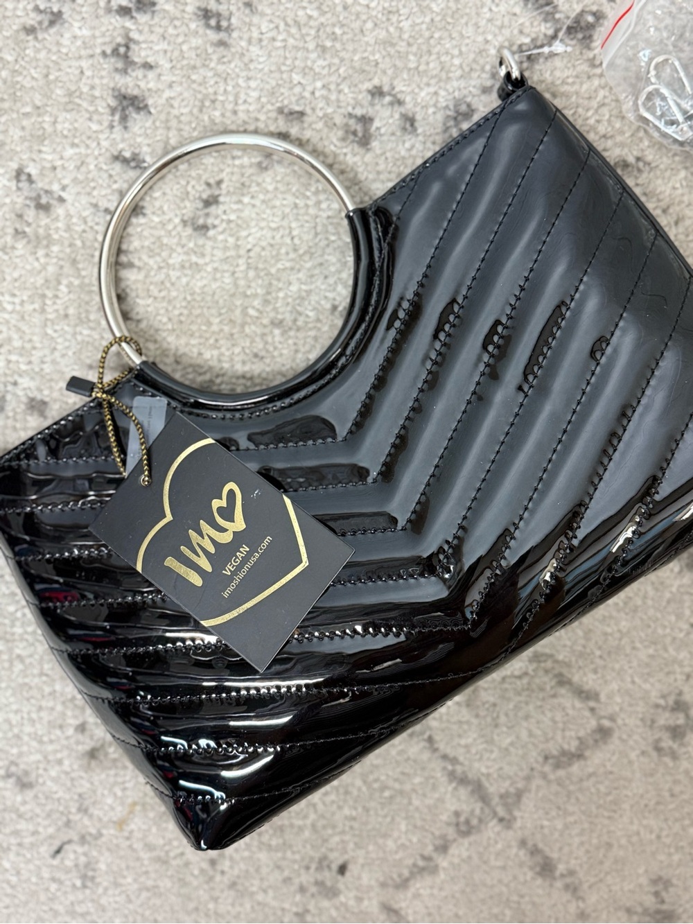 NWT Black Patent Ring-Handle Vegan Leather Clutch
